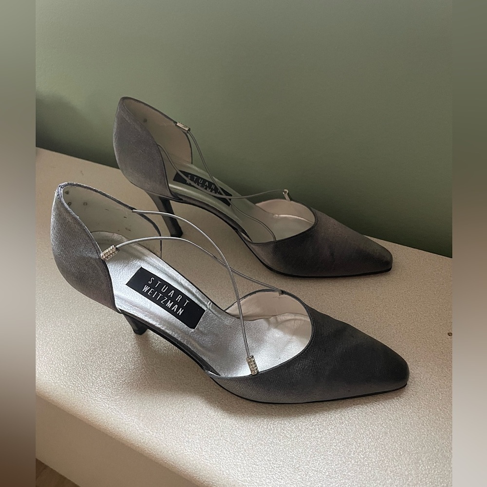 Stuart Weitzman Pointed Toe Shiny Silver Short He… - image 2